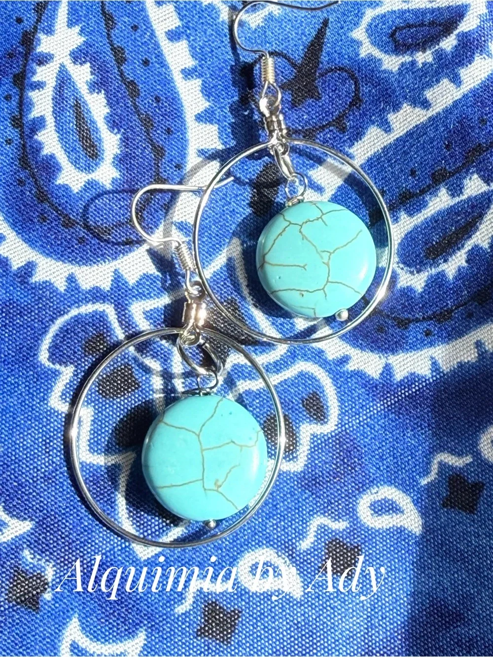Americana + chunky Silver Hoop Earrings with Turquoise Disc